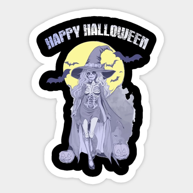 Happy Halloween, a skeleton witch in moonlit night Design! Sticker by YeaLove